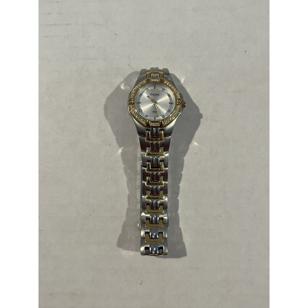 Pulsar Women's Two Tone Silver Gold Rhinestone Watch Battery Needed
